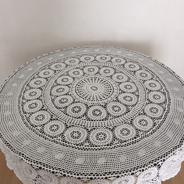 Nappe ancienne vintage crochet coton blanc ronde diamètre 145 cm