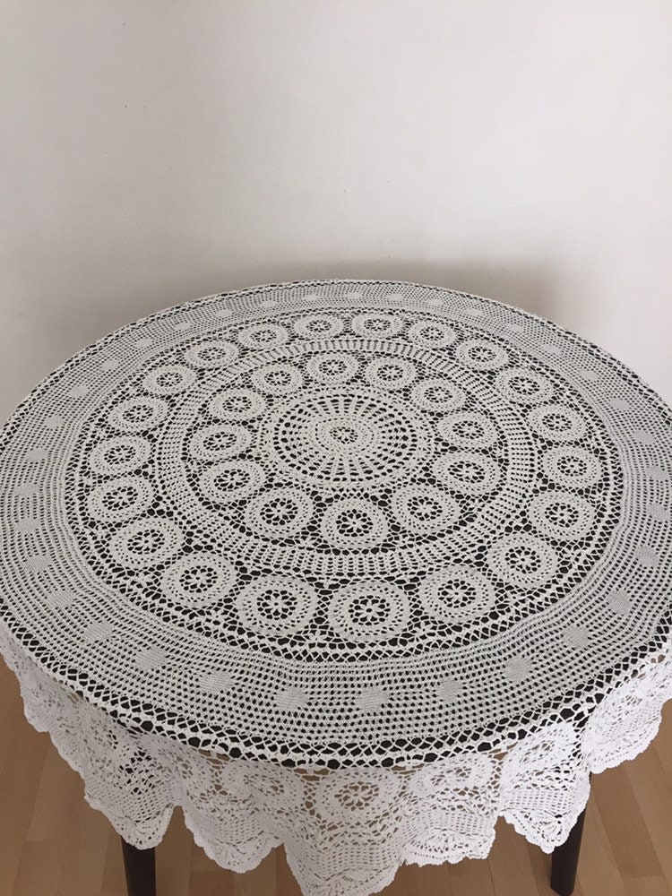 Nappe Ancienne Vintage Crochet Coton Blanc Ronde Diamètre 145 cm