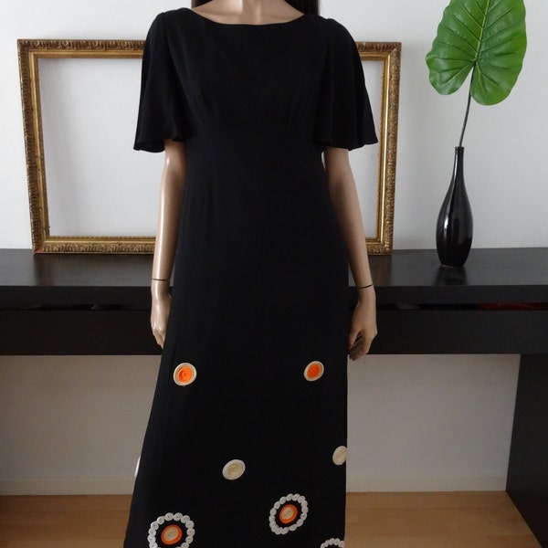 robe vintage 70's longue noire fleurs vintage taille 38 / uk 10 / us 6