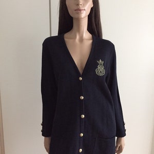 Gilet long vintage Aspen Paris bleu marine blason taille 38/40 uk 10/12 us 6/8 image 2