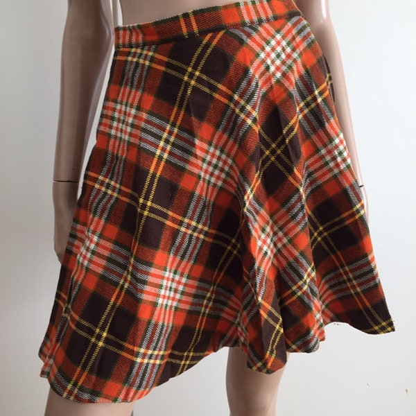 Jupe plissée trapèze vintage femme tartan écossais marron orange vert taille 34/36 - uk 6/8 - us 2/4