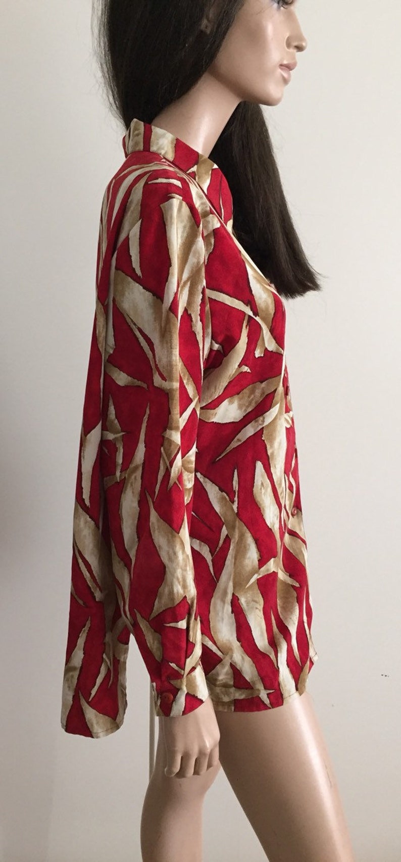 us 10 vintage Burgundybeige print blouse size 42 uk 14
