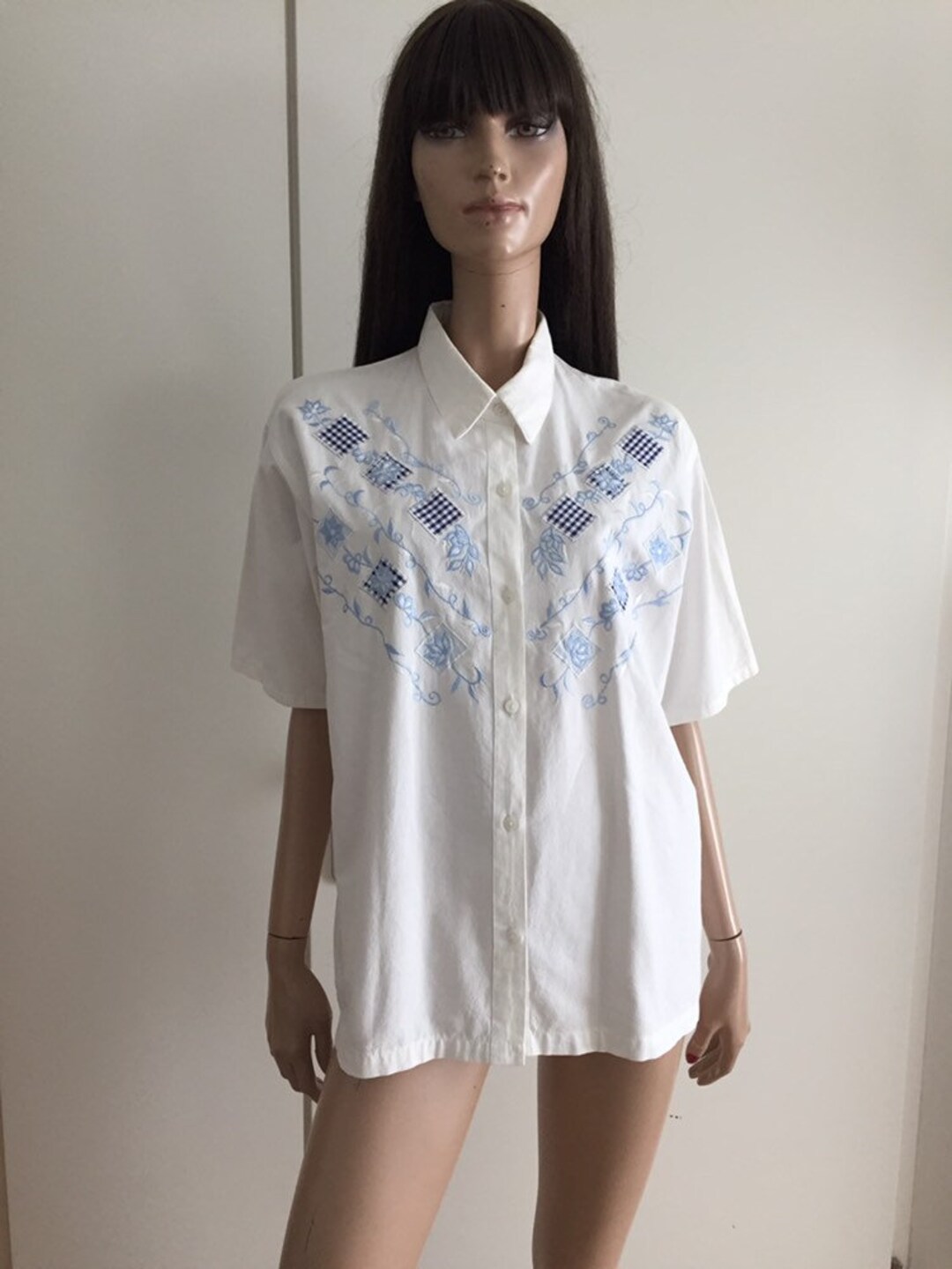 Vintage White Shirt With Blue Flowers Size 44/46 Uk 16/18 Etsy