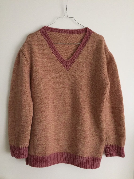 Vintage handmade wool sweater pink/ecru size L - image 7