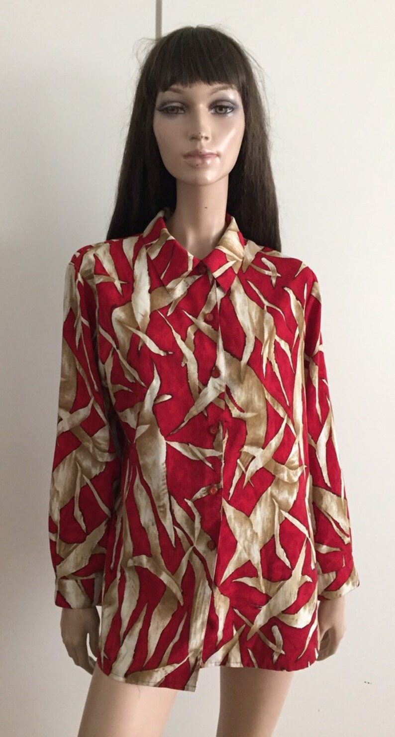 us 10 vintage Burgundybeige print blouse size 42 uk 14