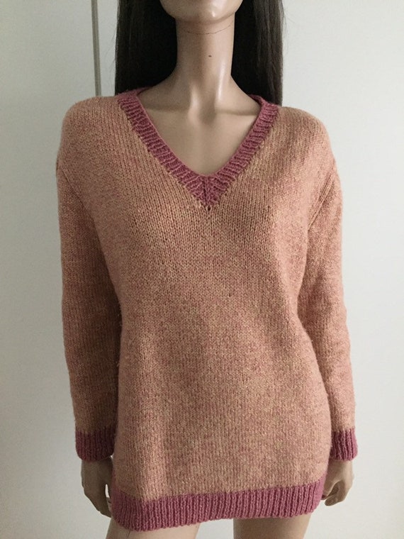 Vintage handmade wool sweater pink/ecru size L - image 2