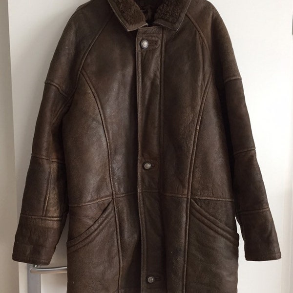 Manteau vintage peau laine marron homme taille 50