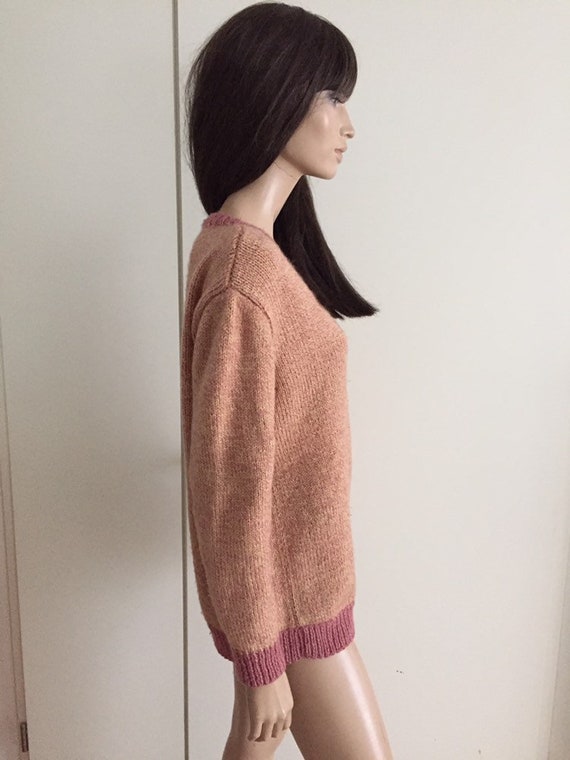 Vintage handmade wool sweater pink/ecru size L - image 3