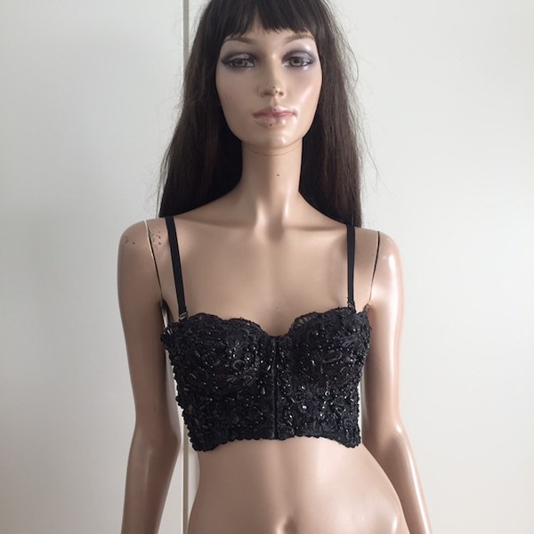 Bustier crop top bretelles noir avec perles et sequins taille S