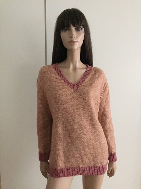 Vintage handmade wool sweater pink/ecru size L - image 1