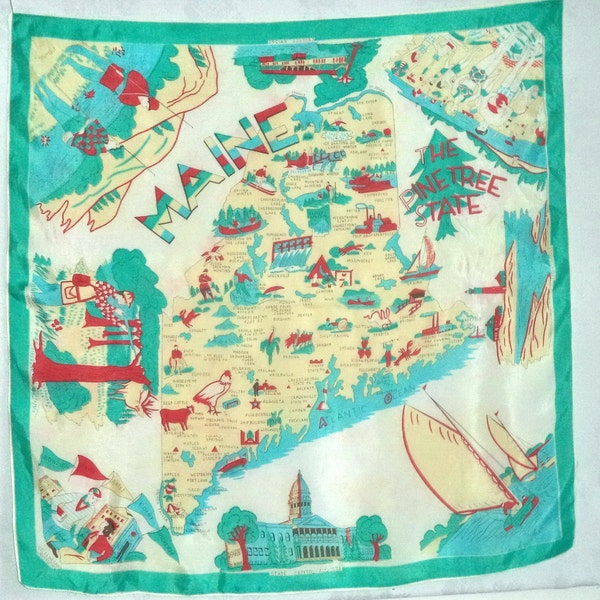 Rare MAINE Souvenir Scarf Hand Printed Silk Retro 50s Rolled USA map sites sports green red Womens Shawl Decor Prop Movie Map Costume Sash