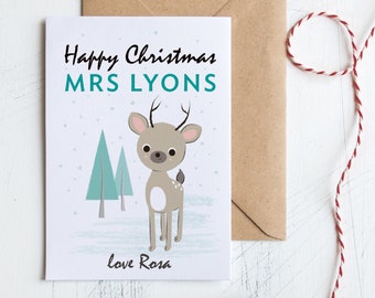 Teacher Christmas Card Personalised with Cute Deer