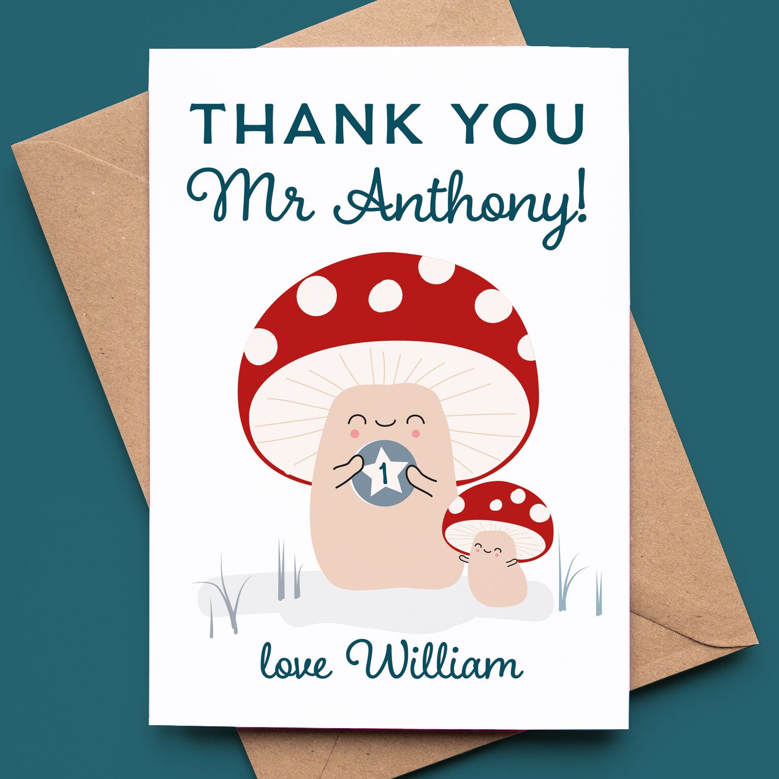 Carte de remerciement pour professeur personnalisée avec de mignons champignons vénéneux
