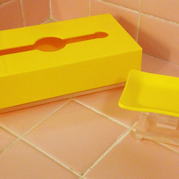 Lucite Tissue Cover and Soap Dish Bathroom Accessories vintage sixties Sunshine Yellow Clear