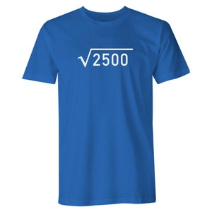 May include: A royal blue t-shirt with a white square root symbol and the number 2500 inside.