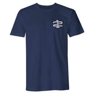 May include: A navy blue t-shirt with a white logo of the letters "ZP" intertwined.