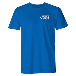 May include: A royal blue t-shirt with a white square root symbol and the number 2500 inside.