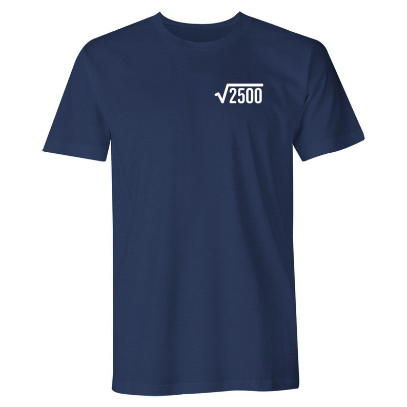 May include: A navy blue t-shirt with a white square root symbol and the number 2500 inside.