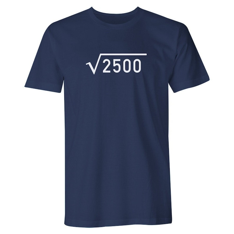May include: A navy blue t-shirt with a white square root symbol and the number 2500 inside.