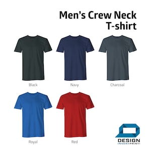 May include: Six crew neck t-shirts in different colors: black, navy, charcoal, royal blue, red, and a logo for "Design Invent Print!"
