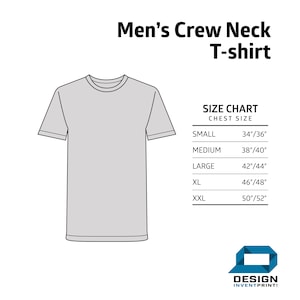 May include: A size chart for a crew neck t-shirt with measurements in inches. The chart shows the chest size for each size: Small (34-36 inches), Medium (38-40 inches), Large (42-44 inches), XL (46-48 inches), and XXL (50-52 inches).
