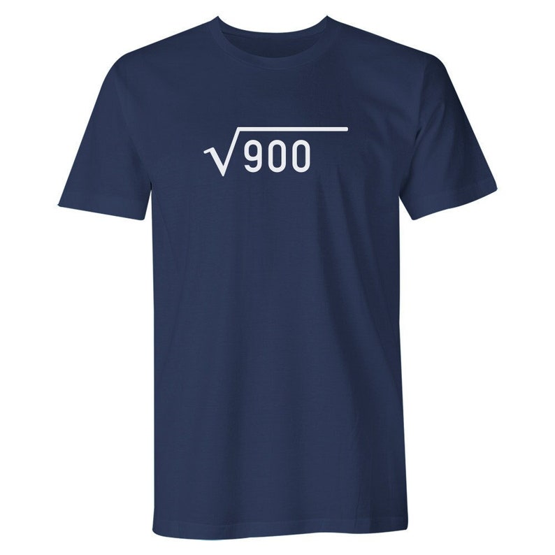 May include: A navy blue t-shirt with a white square root symbol and the number 900 inside.