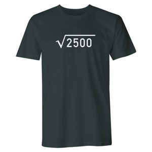 May include: A dark green t-shirt with a white square root symbol and the number 2500 inside.