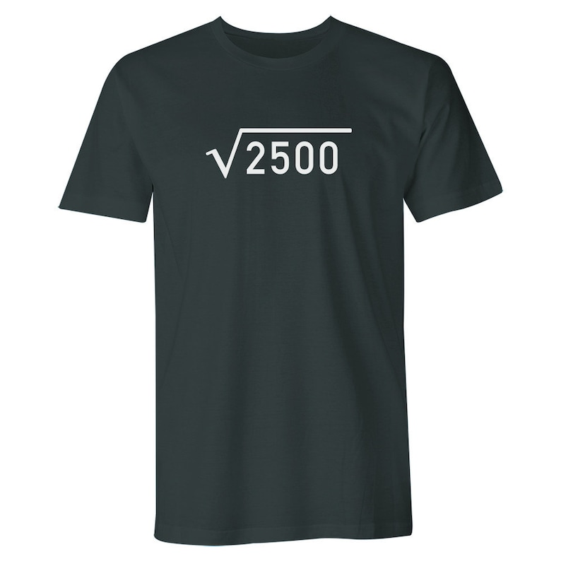 May include: A dark green t-shirt with a white square root symbol and the number 2500 inside.