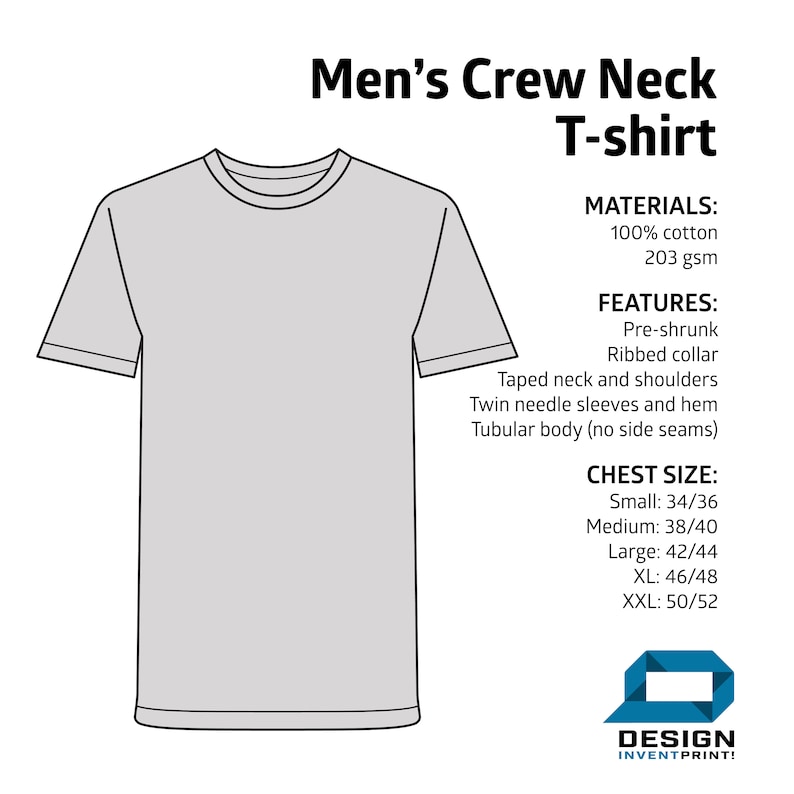 May include: A white crew neck t-shirt with short sleeves. The t-shirt is made of 100% cotton and is 203 gsm. It features a ribbed collar, taped neck and shoulders, twin needle sleeves and hem, and a tubular body with no side seams. The t-shirt is available in sizes small (34/36), medium (38/40), large (42/44), XL (46/48), and XXL (50/52).