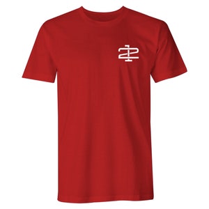 May include: Red short-sleeved t-shirt with a white logo on the left chest. The logo is a stylized letter "Z" with a line through the middle.