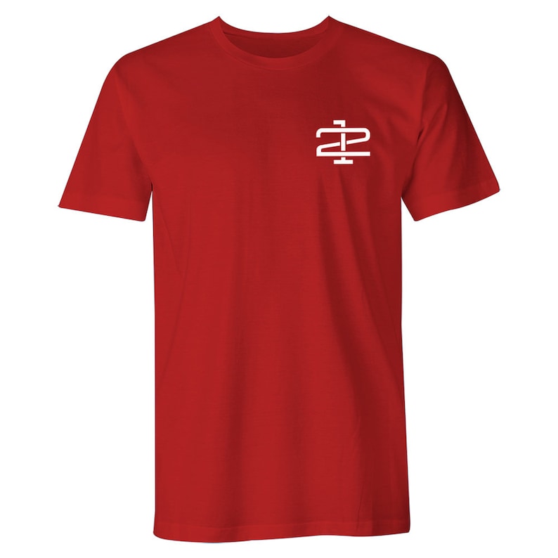 May include: Red short-sleeved t-shirt with a white logo on the left chest. The logo is a stylized letter "Z" with a line through the middle.