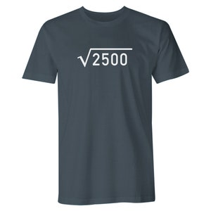 May include: A dark blue t-shirt with a white square root symbol and the number 2500 inside.