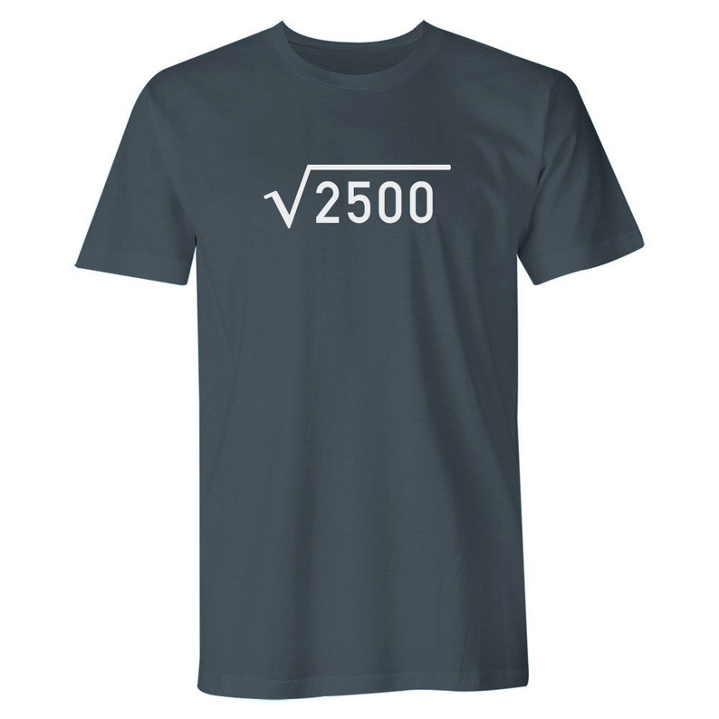 May include: A dark blue t-shirt with a white square root symbol and the number 2500 inside.