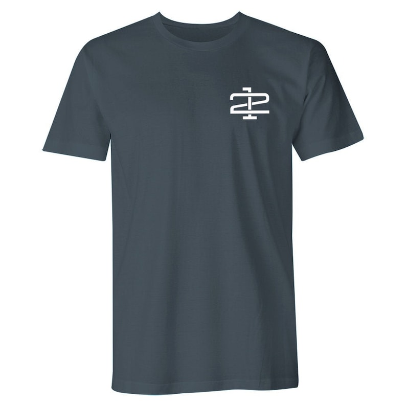 May include: A dark blue t-shirt with a white logo of the letters "Z" and "P" intertwined.