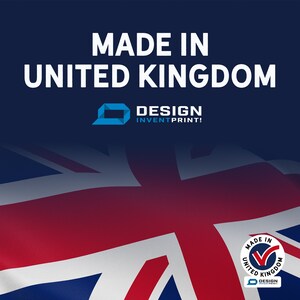 May include: A blue and white Union Jack flag with the text "MADE IN UNITED KINGDOM" and a logo that says "DESIGN INVENTPRINT!" in white text on a blue background.