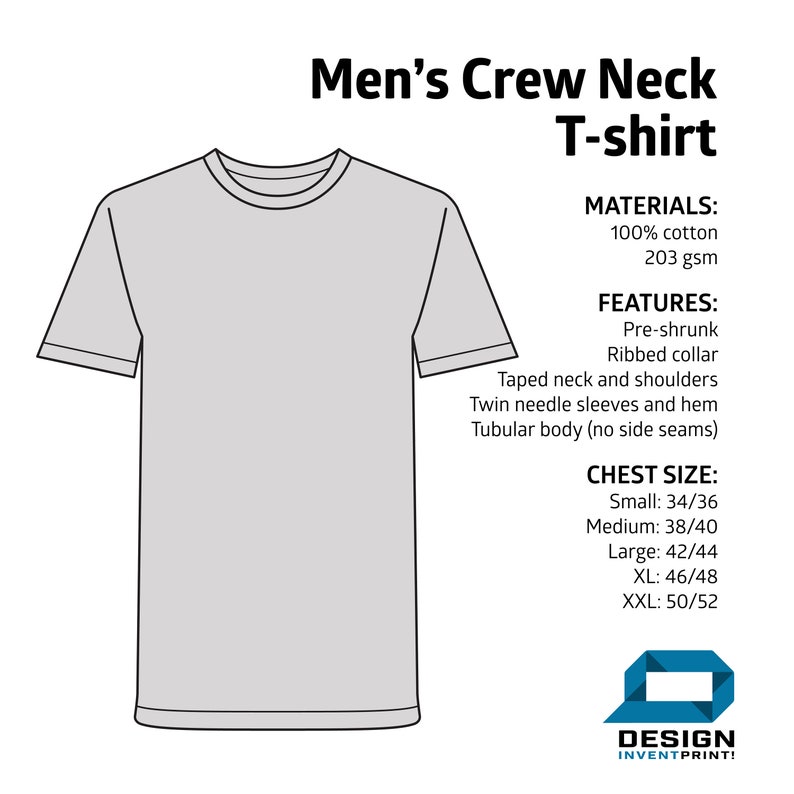 May include: A white crew neck t-shirt with short sleeves. The t-shirt is made of 100% cotton and is 203 gsm. It features a ribbed collar, taped neck and shoulders, twin needle sleeves and hem, and a tubular body with no side seams. The t-shirt is available in sizes small (34/36), medium (38/40), large (42/44), XL (46/48), and XXL (50/52).