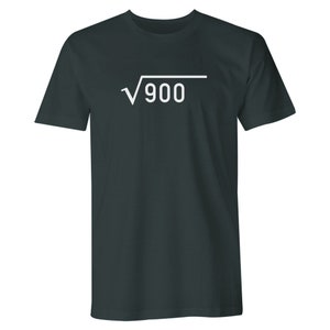 May include: Dark green t-shirt with a white square root symbol and the number 900 inside.