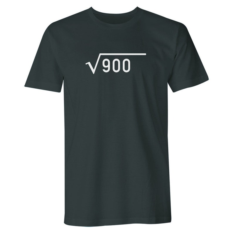 May include: Dark green t-shirt with a white square root symbol and the number 900 inside.