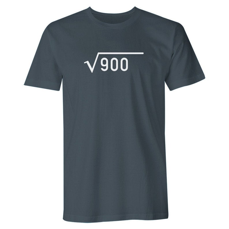 May include: A dark blue t-shirt with a white square root symbol and the number 900 inside.