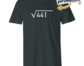 May include: A dark gray short-sleeve t-shirt featuring a white graphic of a square root symbol followed by the number 441 on the chest. A small white speech bubble graphic in the top right corner contains the text Can be personalised.