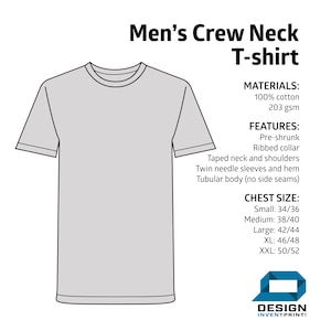 May include: A white crew neck t-shirt with short sleeves. The t-shirt is made of 100% cotton and is 203 gsm. It features a ribbed collar, taped neck and shoulders, twin needle sleeves and hem, and a tubular body with no side seams. The t-shirt is available in sizes small (34/36), medium (38/40), large (42/44), XL (46/48), and XXL (50/52).
