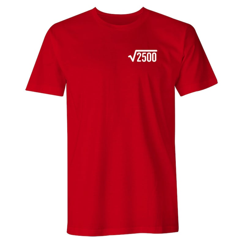 May include: Red short-sleeved t-shirt with a white square root symbol and the number 2500 inside.