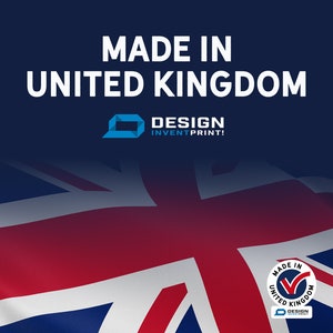 May include: A blue and white Union Jack flag with the text "MADE IN UNITED KINGDOM" and a logo that says "DESIGN INVENTPRINT!" in white text on a blue background.