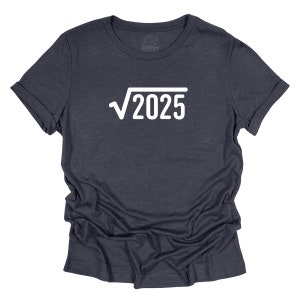 May include: A dark blue t-shirt with a white square logo on the top left corner and the text "√2025" in white on the front.