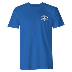 May include: A royal blue t-shirt with a white logo of the letters "22" intertwined.