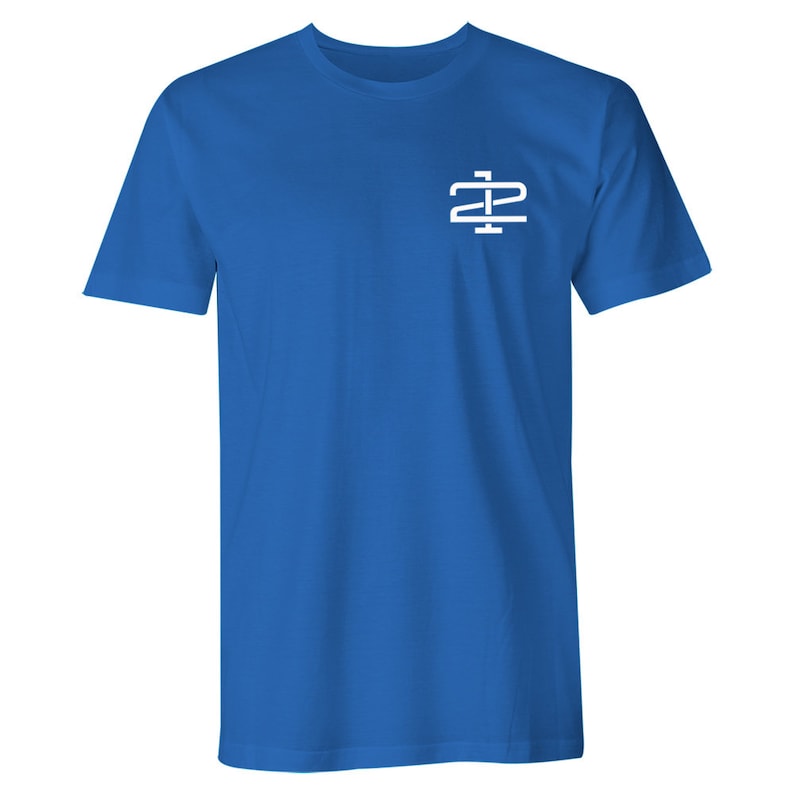 May include: A royal blue t-shirt with a white logo of the letters "22" intertwined.