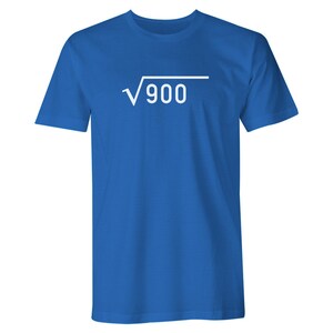 May include: A royal blue t-shirt with a white square root symbol and the number 900 inside.