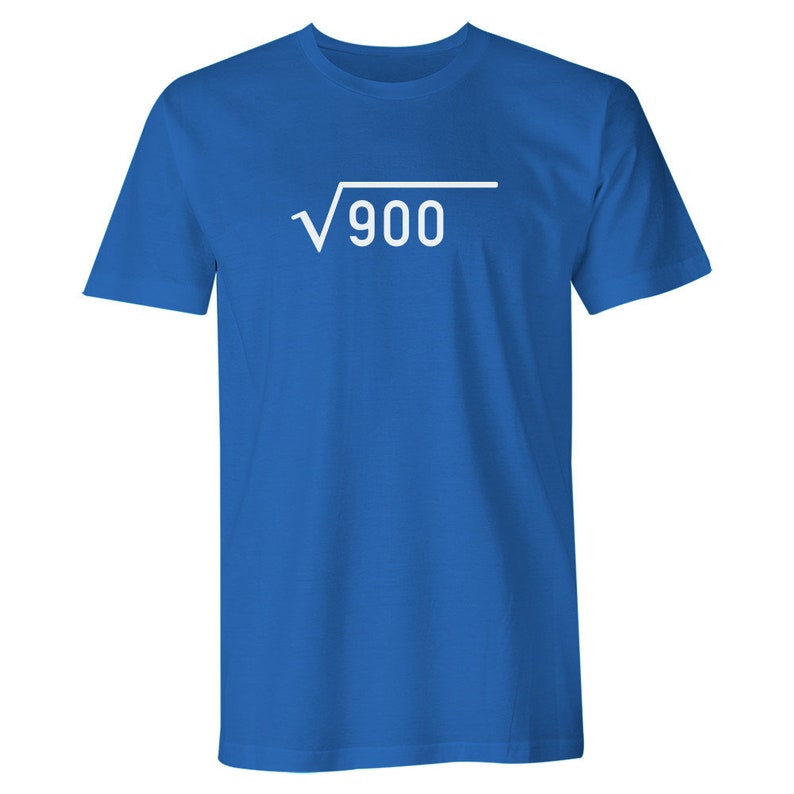 May include: A royal blue t-shirt with a white square root symbol and the number 900 inside.