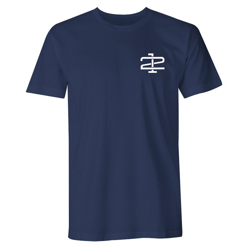 May include: A navy blue t-shirt with a white logo of the letters "ZP" intertwined.