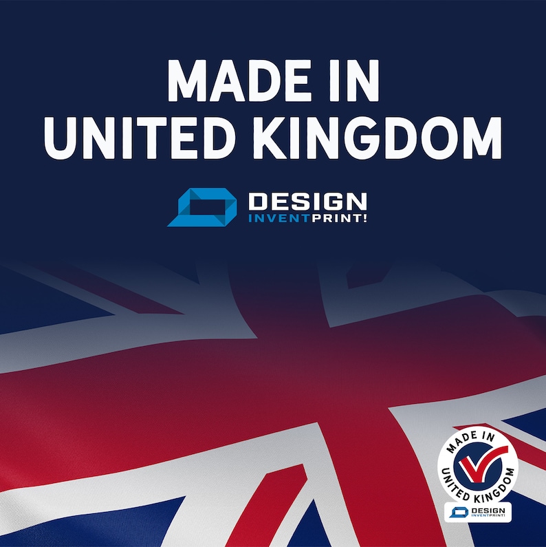 May include: A blue and white flag with a red cross, with the text "MADE IN UNITED KINGDOM" and "DESIGN INVENTPRINT!" on a dark blue background.
